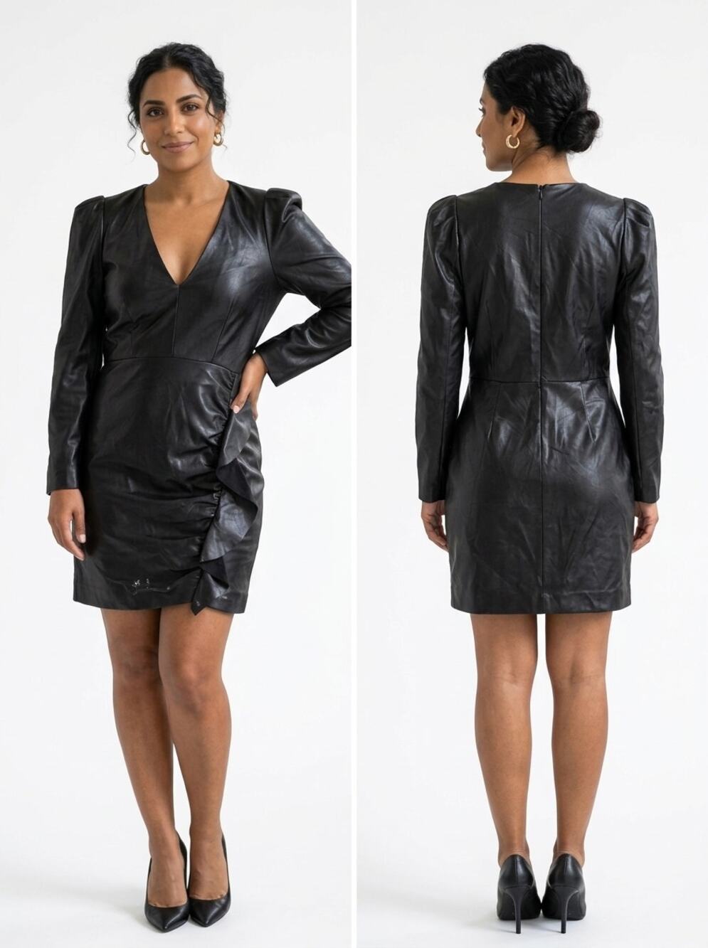 Zara Black Faux Leather Ruched V-Neck Puff Sleeve Mini Dress Women Size M